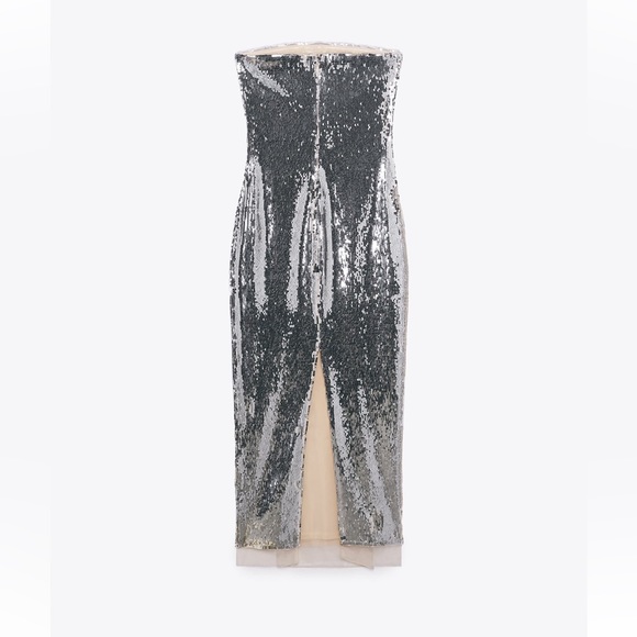 Zara Sequin appliqué Strapless Midi Dress Organza Tulle hem Silver Size XS NWT - Picture 11 of 16